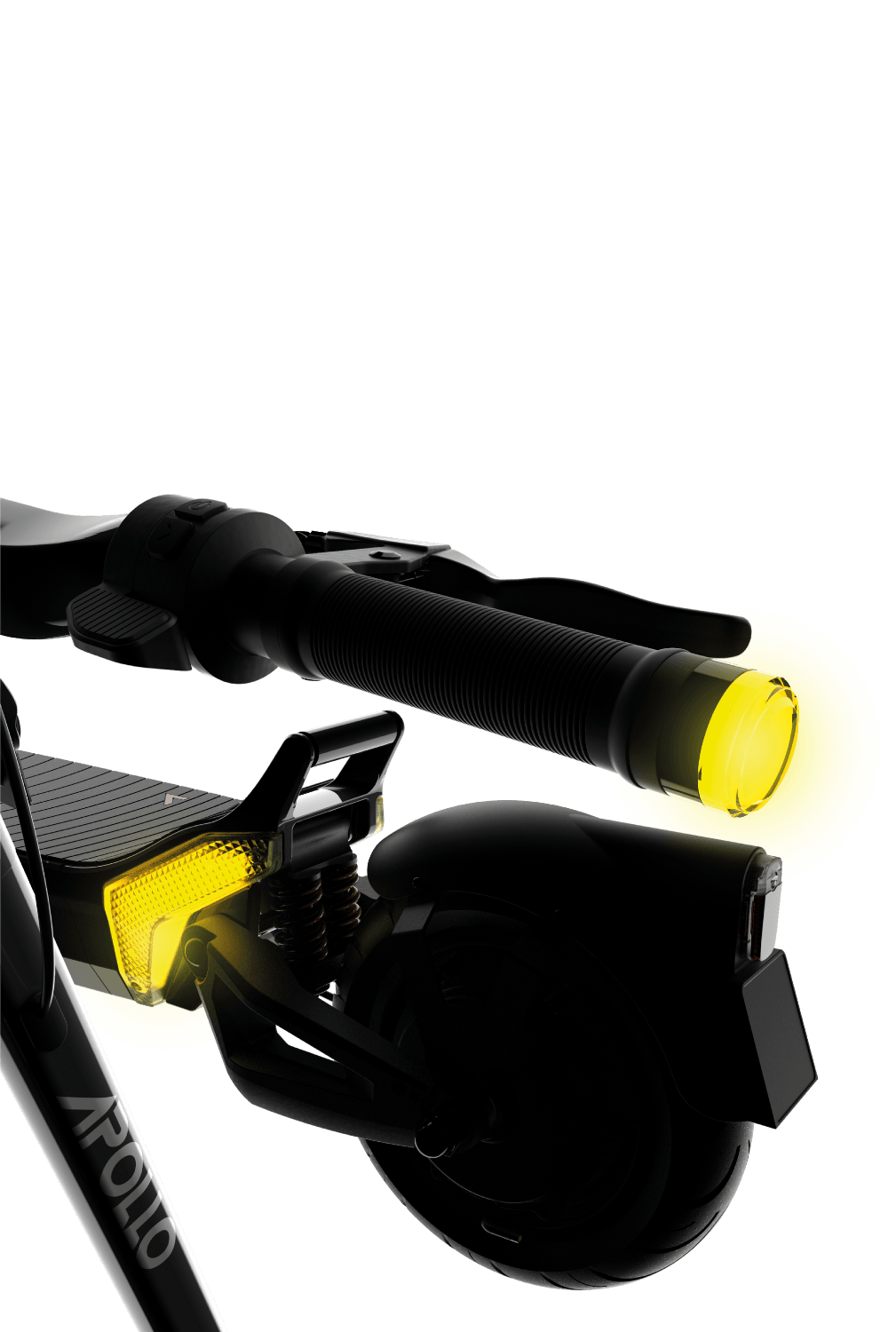 Close-up of Apollo electric scooter handlebars with illuminated yellow turn signal indicators.