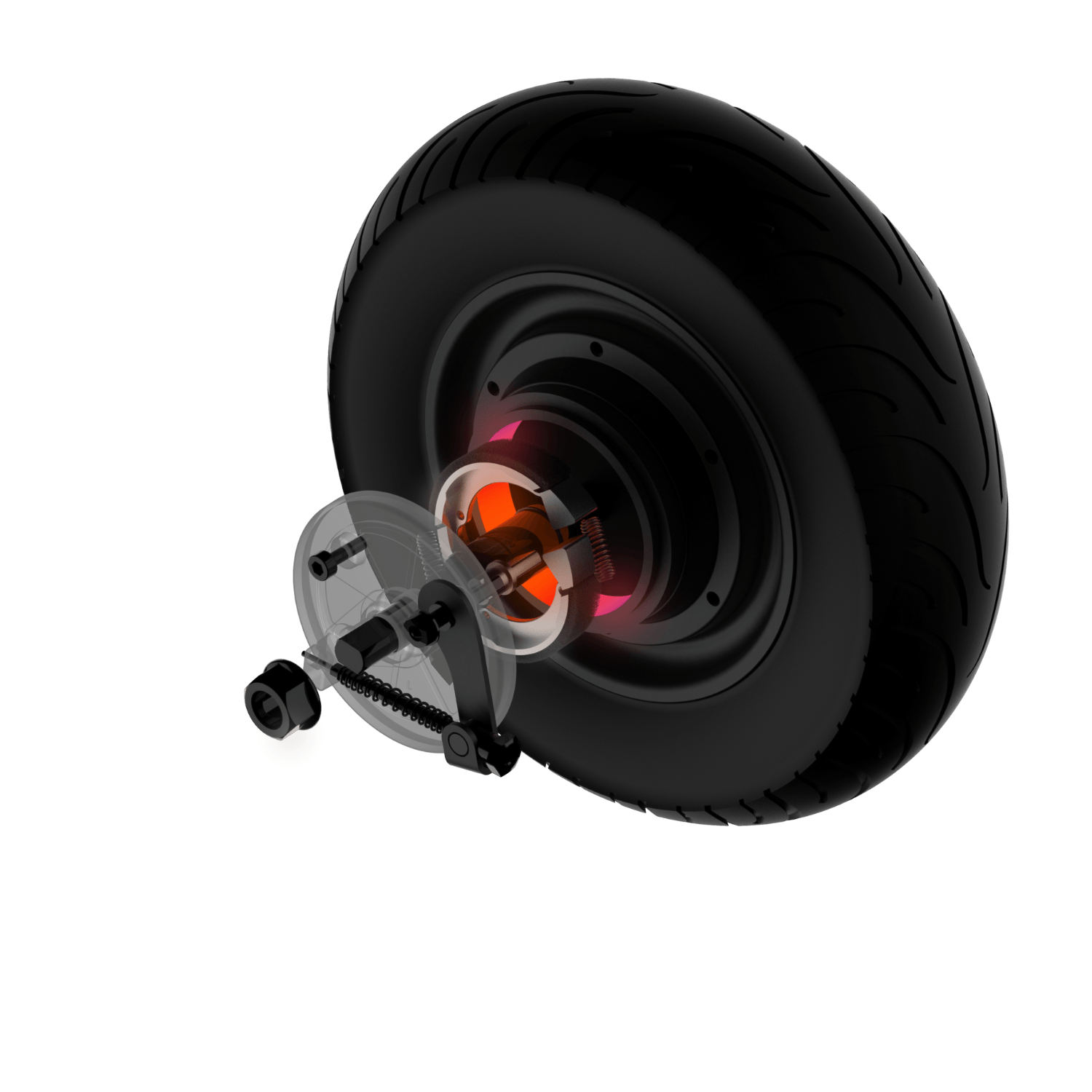 Exploded view of a scooter motor assembly showing internal components and a pneumatic tire.