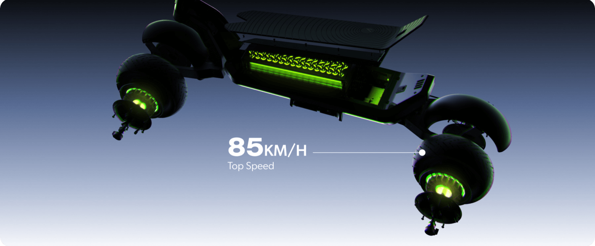 Apollo Air electric scooter frame with illuminated green accents and an 85 km/h top speed indicator.