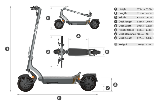 Technical dimension diagram of a folding electric scooter showing multiple views with measurement callouts and a specifications table on a white background.