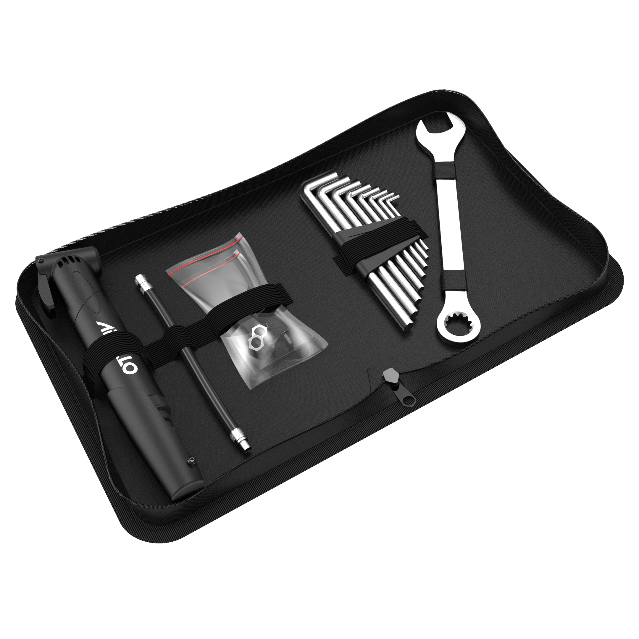 Portable bicycle tool kit including a mini pump, hex key set, wrench, and small hardware parts.