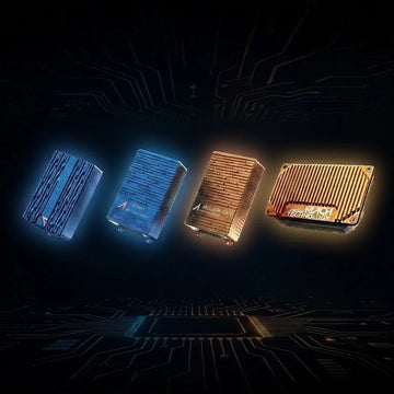 Four rectangular electronic modules or enclosures floating in a dark circuit-board environment, each with different lighting and finish: two glowing blue, two glowing warm gold/orange, with one metallic gold unit showing the text 'MACH Technology'.