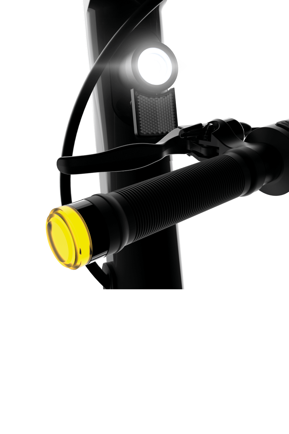 Close-up of an electric scooter handlebar grip with an illuminated yellow signal light.
