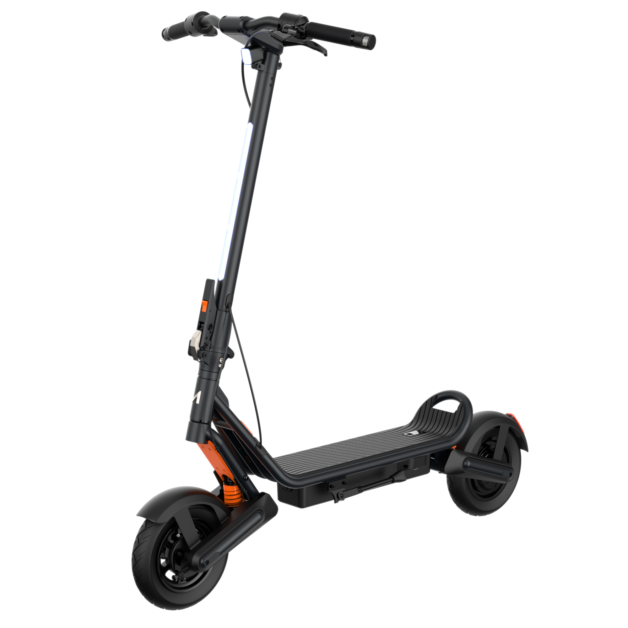 Black electric scooter with orange accents on a white background