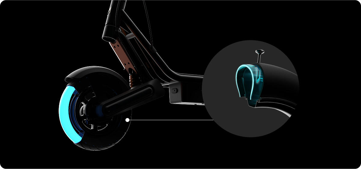 Close-up of Apollo scooter's wheel and and PunctureGuard technology
