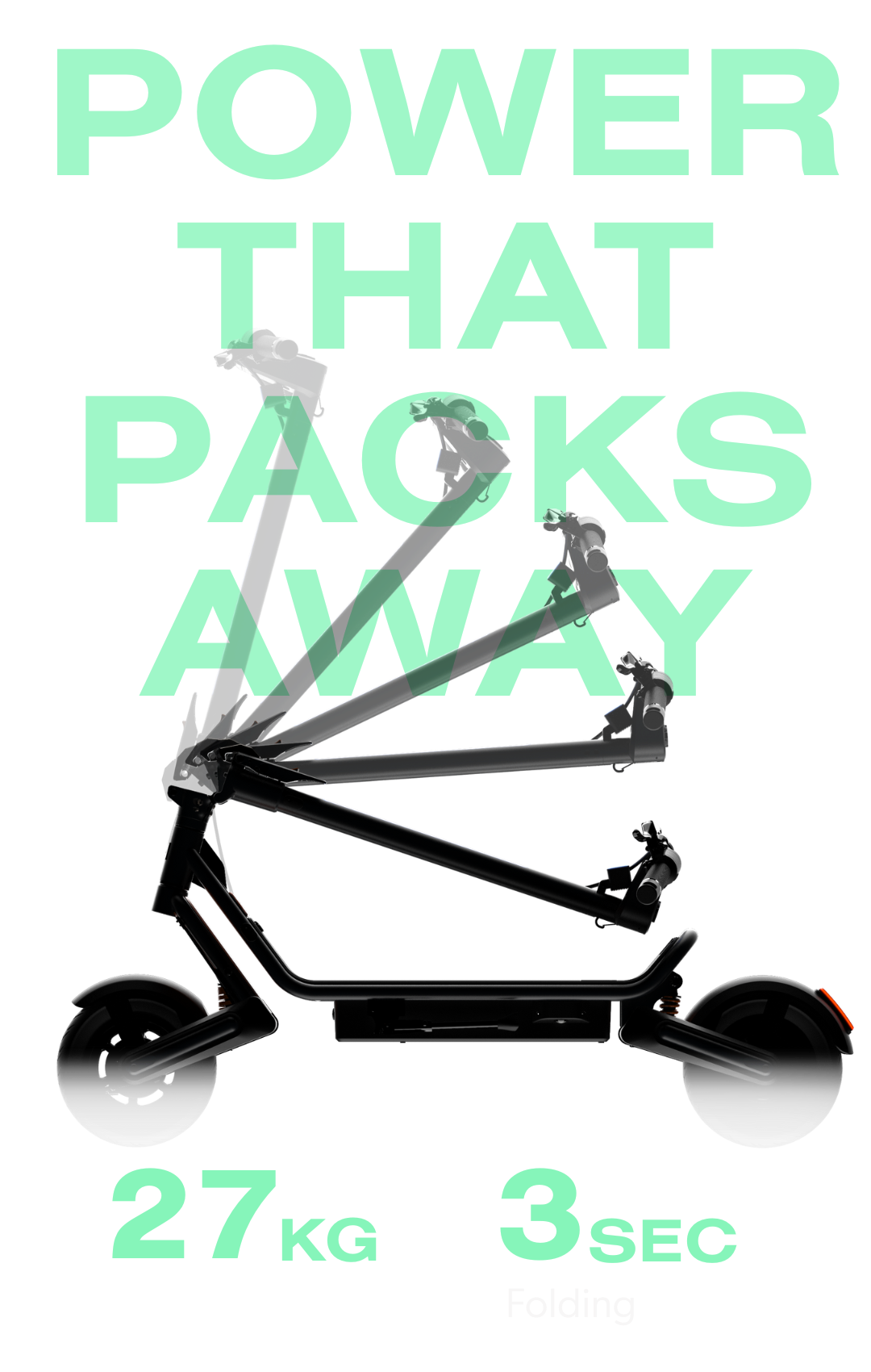 Black scooter with text 'Power That Packs Away' on a white background