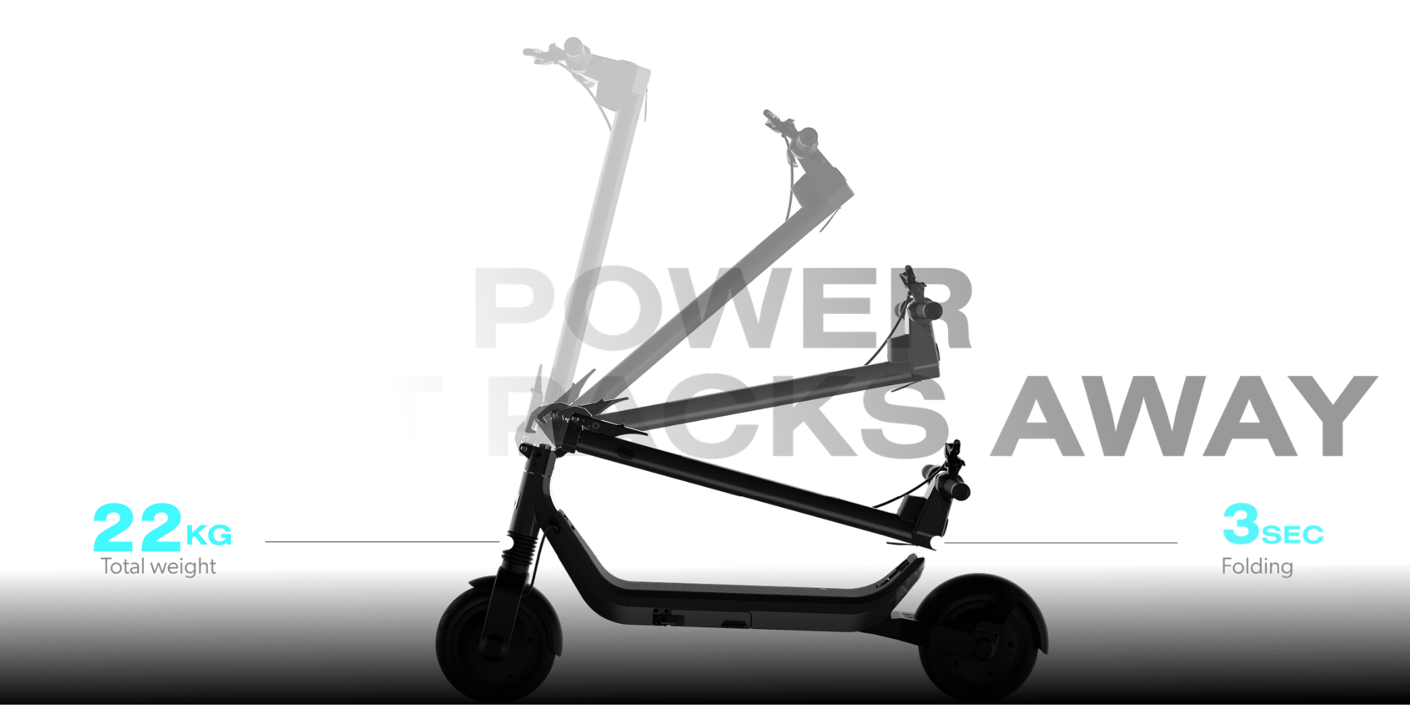 Silhouette of a scooter with text about weight, folding time, and features on a white background