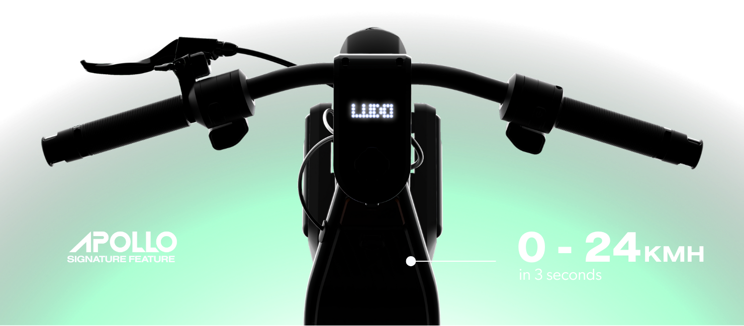 Close-up of an electric scooter handlebar with Apollo branding and speed display on a white background