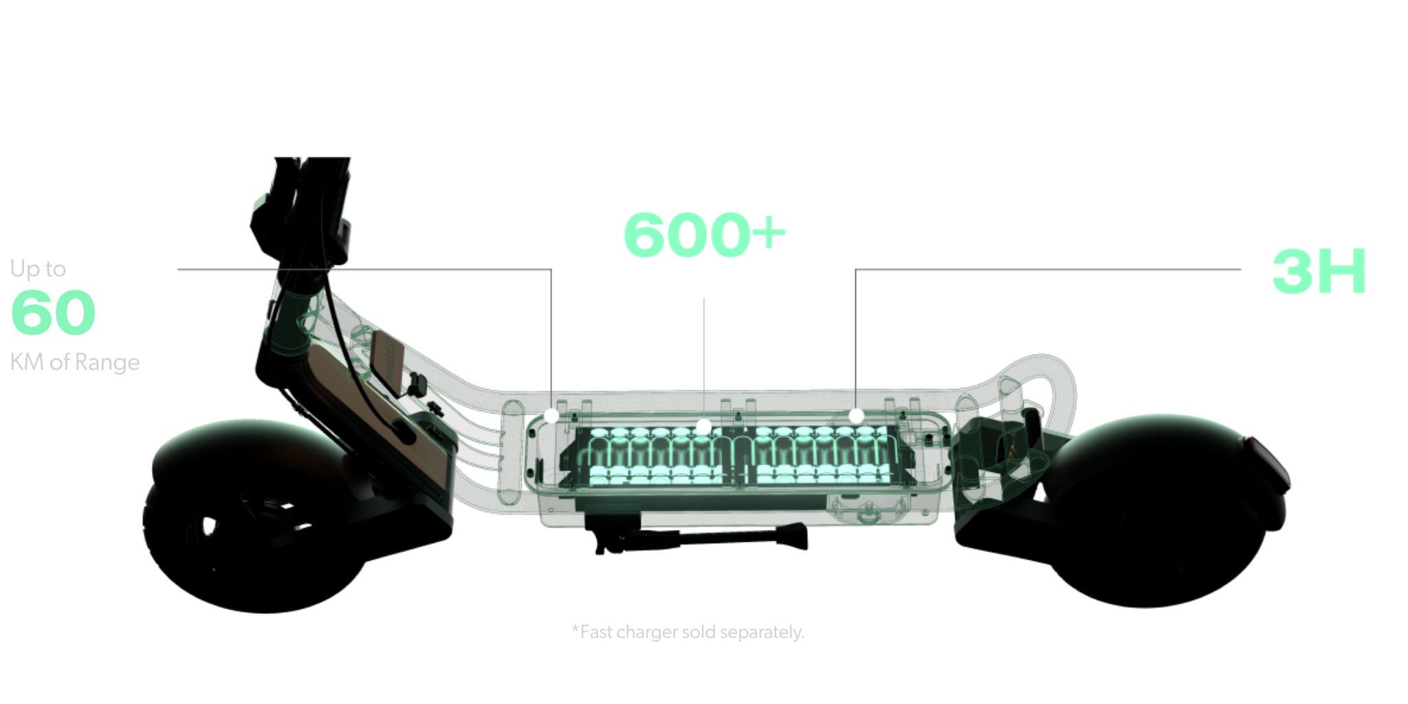 Close-up of a scooter with visible components and specifications on a white background