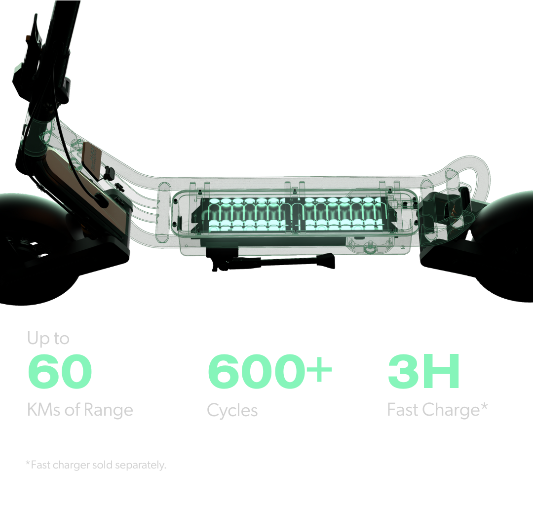 Electric scooter with charging cable and performance metrics on a white background