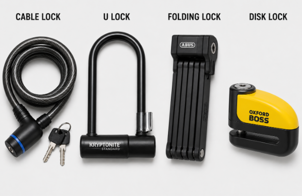 Cable, u-lock, folding, and disc scooter locks side by side