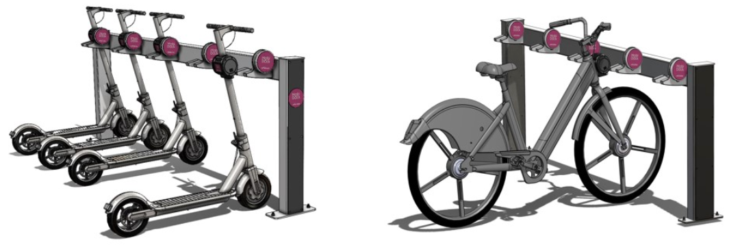 3D render of the MobiDock wireless charging station with docked e-scooters and an e-bike.
