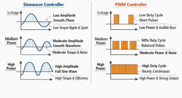 A table comparing Sinewave Controller vs PWM Controller outputs.