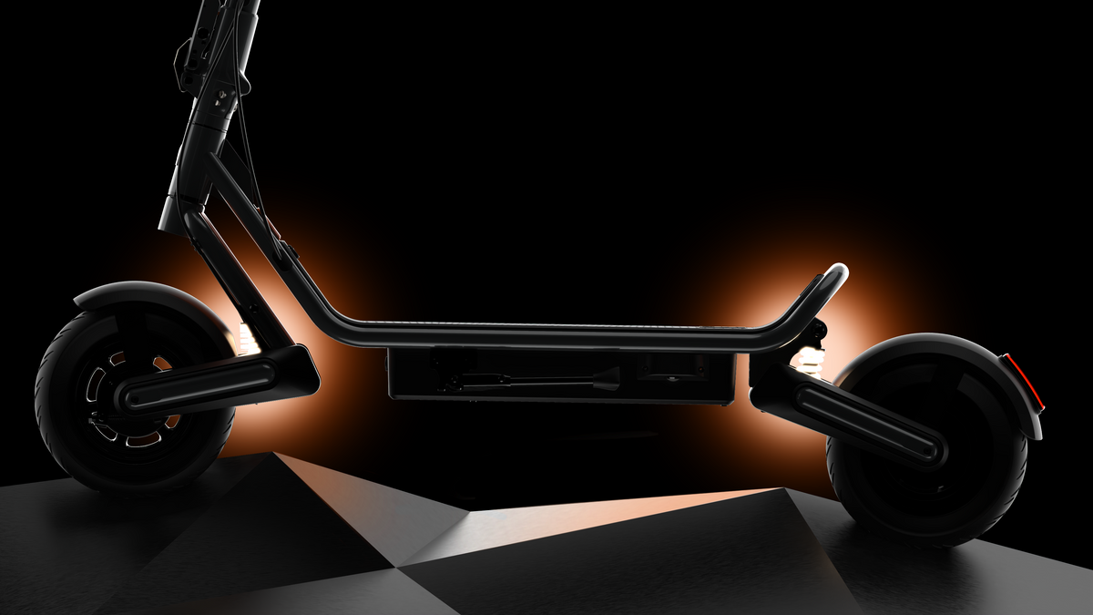 Black scooter on a reflective surface with a dark background
