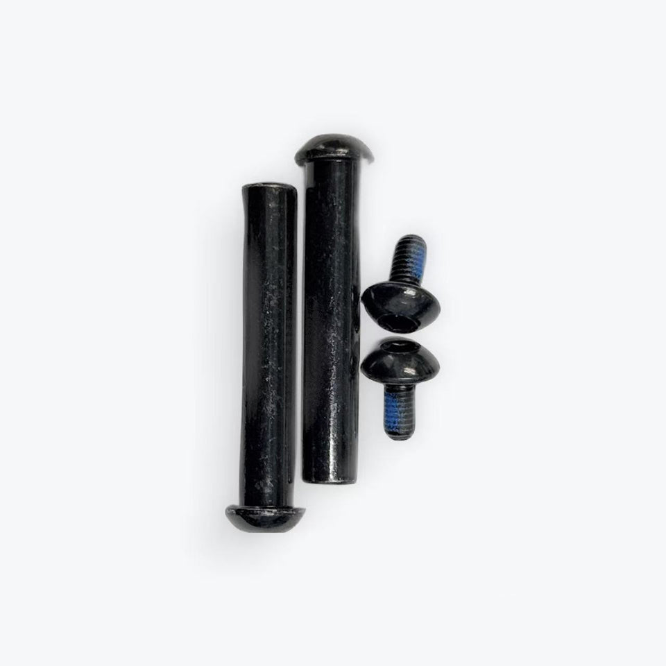 A set of black metal hardware screws and rivets on a plain white background.