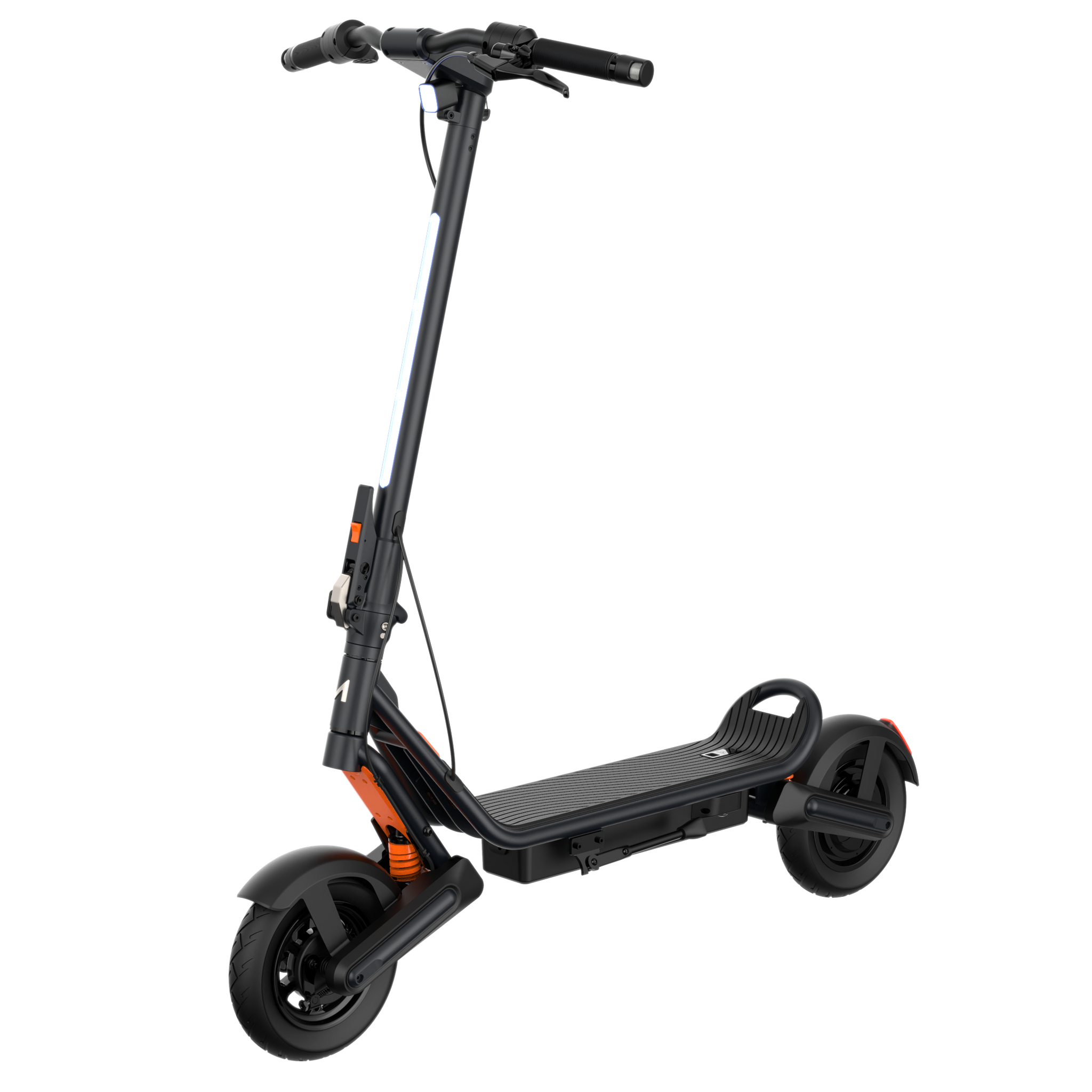 Black electric scooter with orange accents on a white background