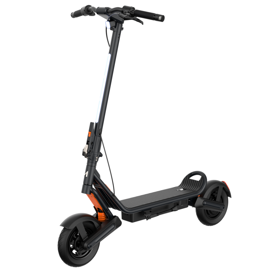 Black electric scooter with orange accents on a white background