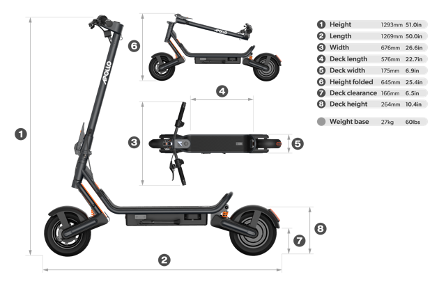 A black and dark gray POLR0 folding electric scooter shown with multiple labeled angles and dimension callouts on a white background, plus a weight legend in the top right.